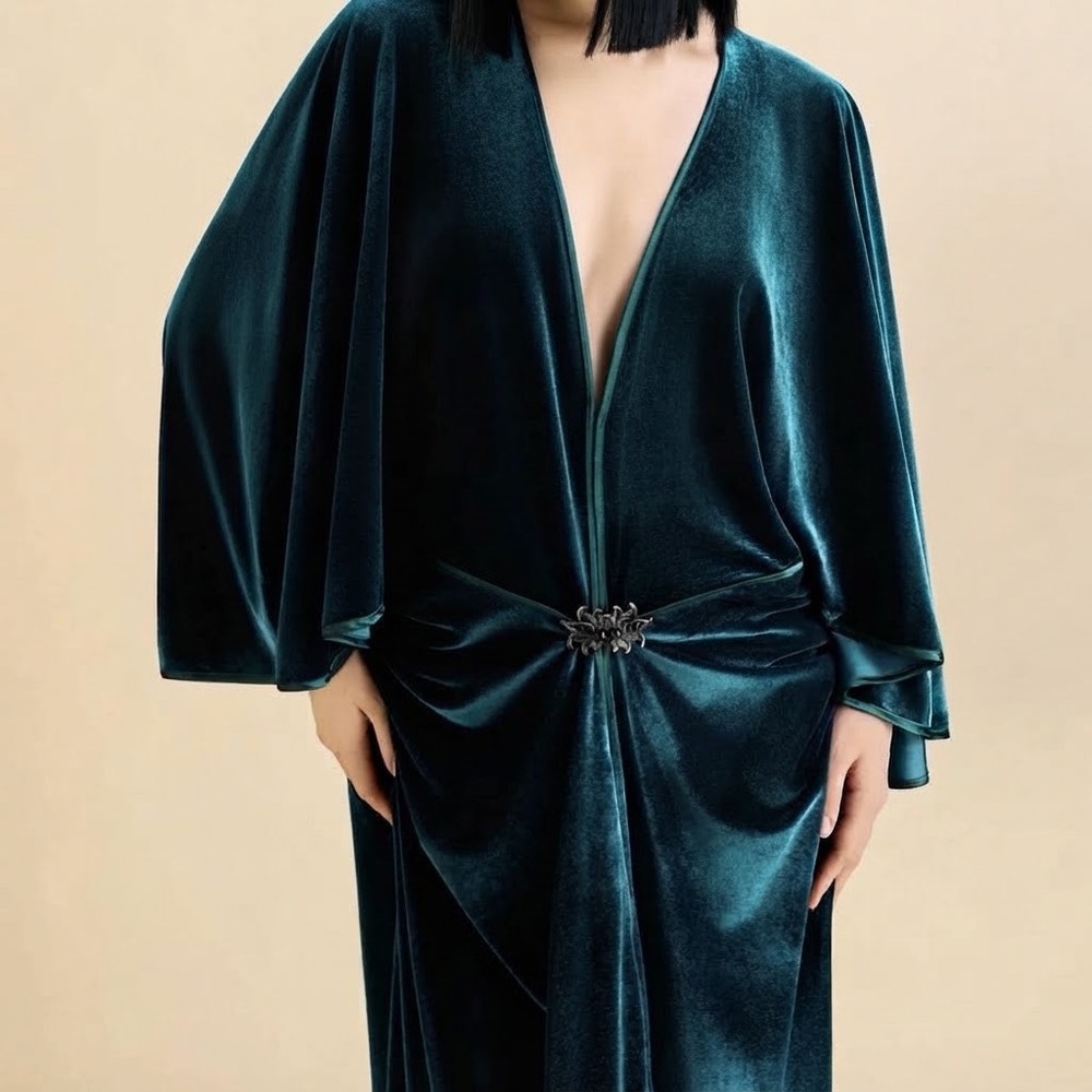 BABEYOND Teal Velvet Art Deco Maxi Dress Kimono Sleeve V-Neck Draped Robe